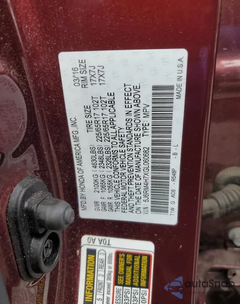 2016 Honda Cr-V Exl из США, поврежденный, VIN 5J6RM4H7XGL060682